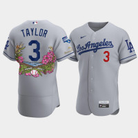 Men's Los Angeles Dodgers #3 Chris Taylor Gray 2020 World Series Champions Authentic Tommy Bahama Jersey