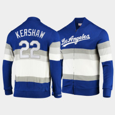 Men's Los Angeles Dodgers Clayton Kershaw Royal Front Stripe Mitchell & Ness Full-Zip Sweater