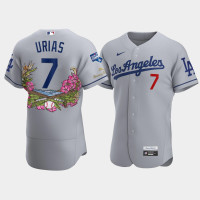 Men's Los Angeles Dodgers #7 Julio Urias Gray 2020 World Series Champions Authentic Tommy Bahama Jersey