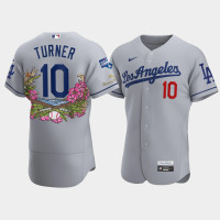 Men's Los Angeles Dodgers #10 Justin Turner Gray 2020 World Series Champions Authentic Tommy Bahama Jersey